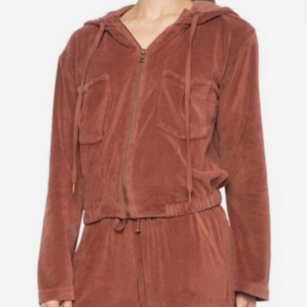 Young Fabulous & Broke Womens Brown Cropped Jacket Velour Full-Zip Hooded Medium - Picture 2 of 6